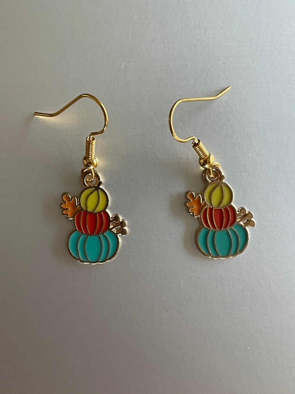 Gold Tone Teal, Red & Lime Stackable Pumpkin Drop Earrings